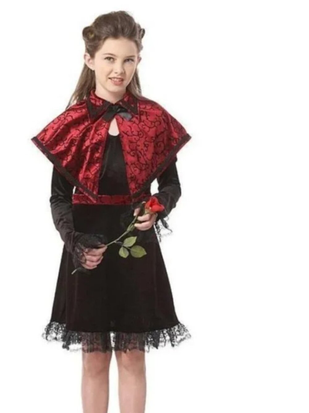 Vampire Royal Vamp Halloween Costume 10/12 Black Red Dress, Cape & Belt Girls